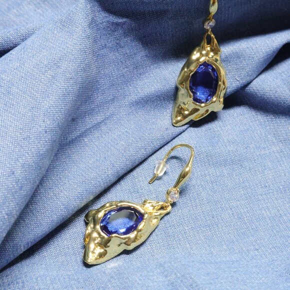 Alexis Bittar Brut Gold Sodalite Quartz Doublet Drop Earrings Gift - Picture 2 of 3